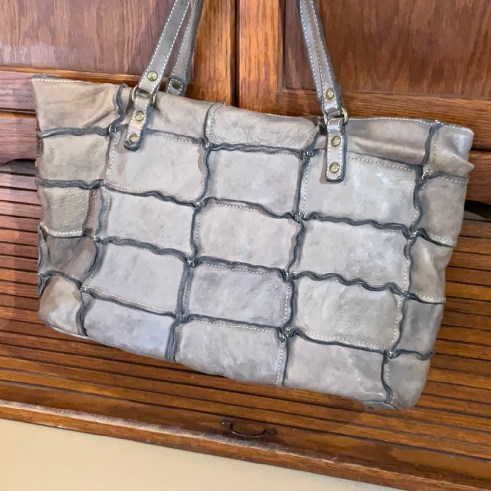 Neutral Gray Patchwork Tote with Stitched Detail
